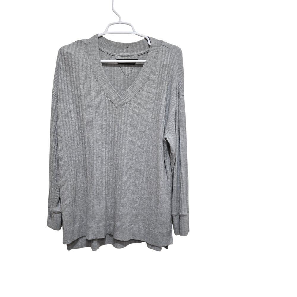 Andrew Marc Gray Ribbed V Neck Tunic Top Large Soft Knit